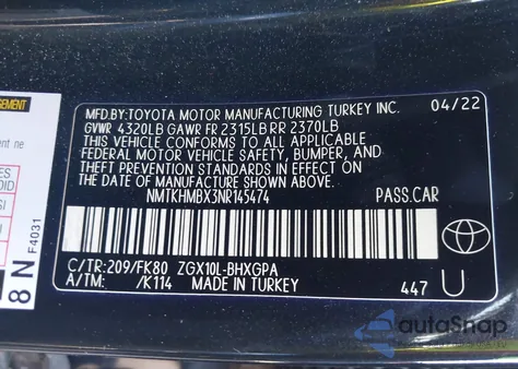 2022 Toyota C-Hr Xle from USA, damaged, VIN NMTKHMBX3NR145474